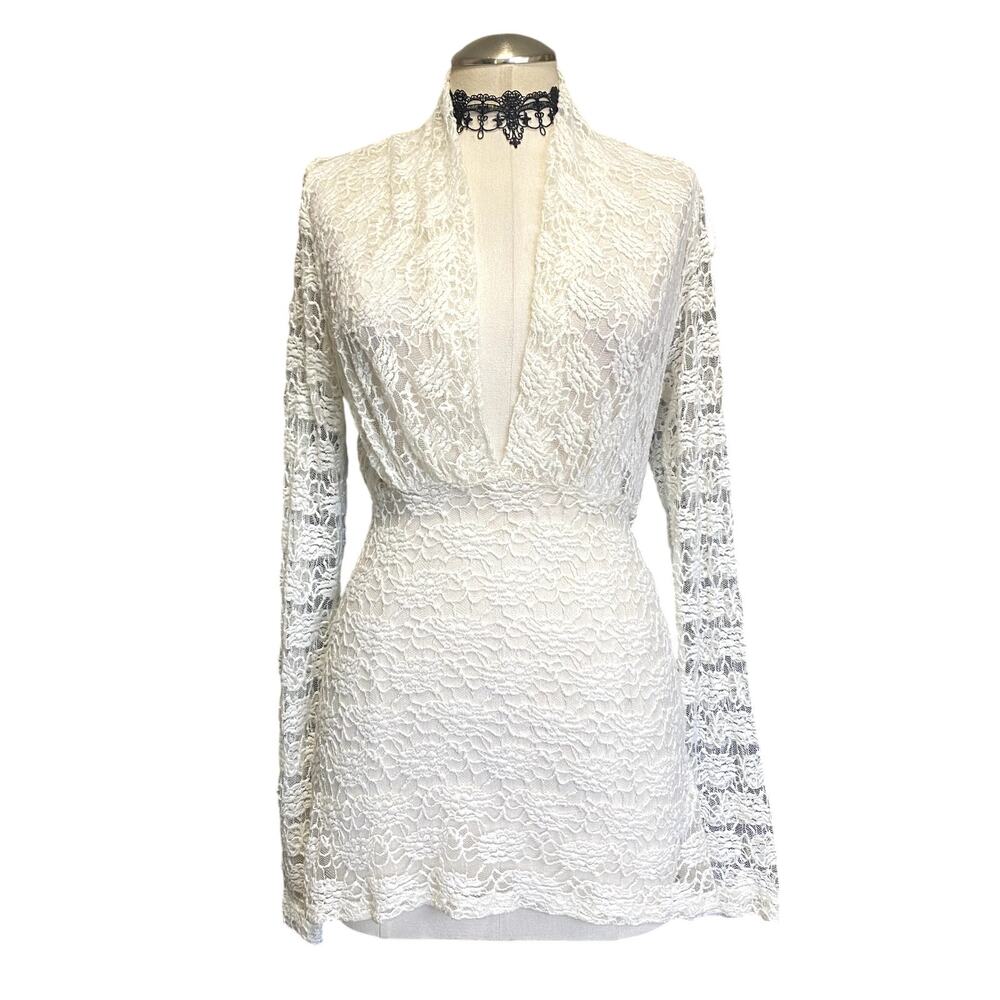 Vtg Y2K Karen Kane White‎ Lace V Neck Long Sleeve Office Siren Coquette Top